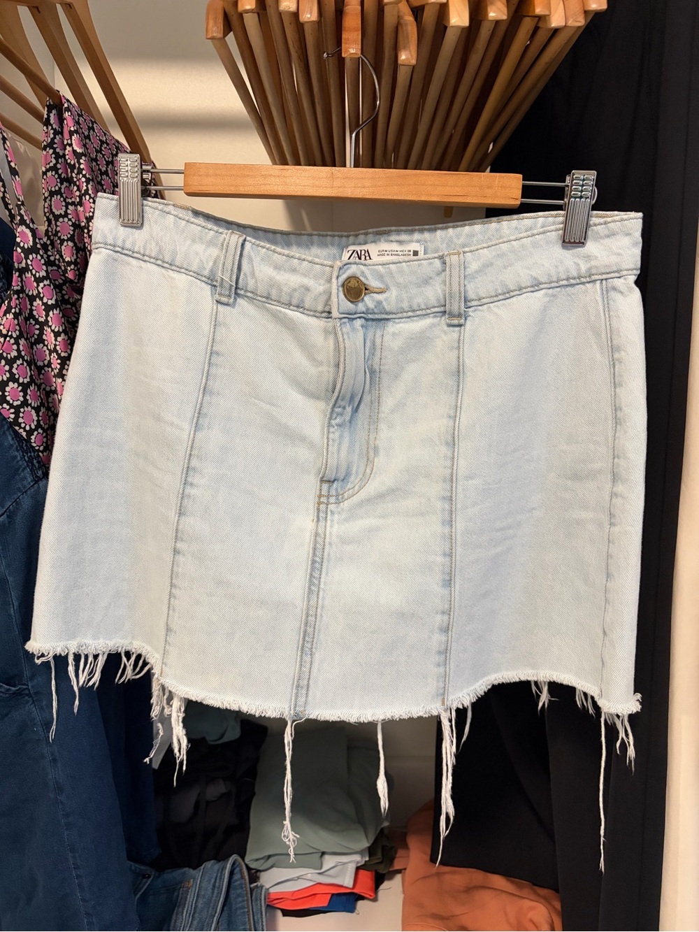 Zara Light Blue Frayed Hem Denim Mini Skirt
